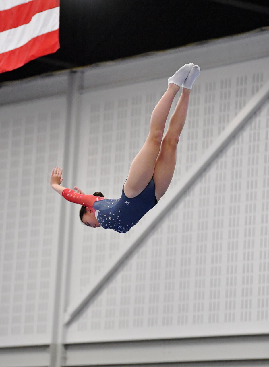 Sabine Balentine competes in gymnastics trampoline event