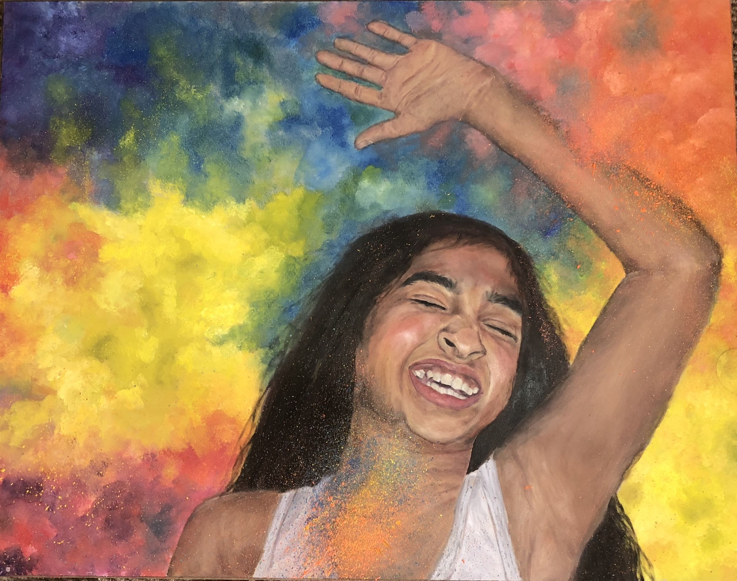 happy girl on tie dye background in acrylic